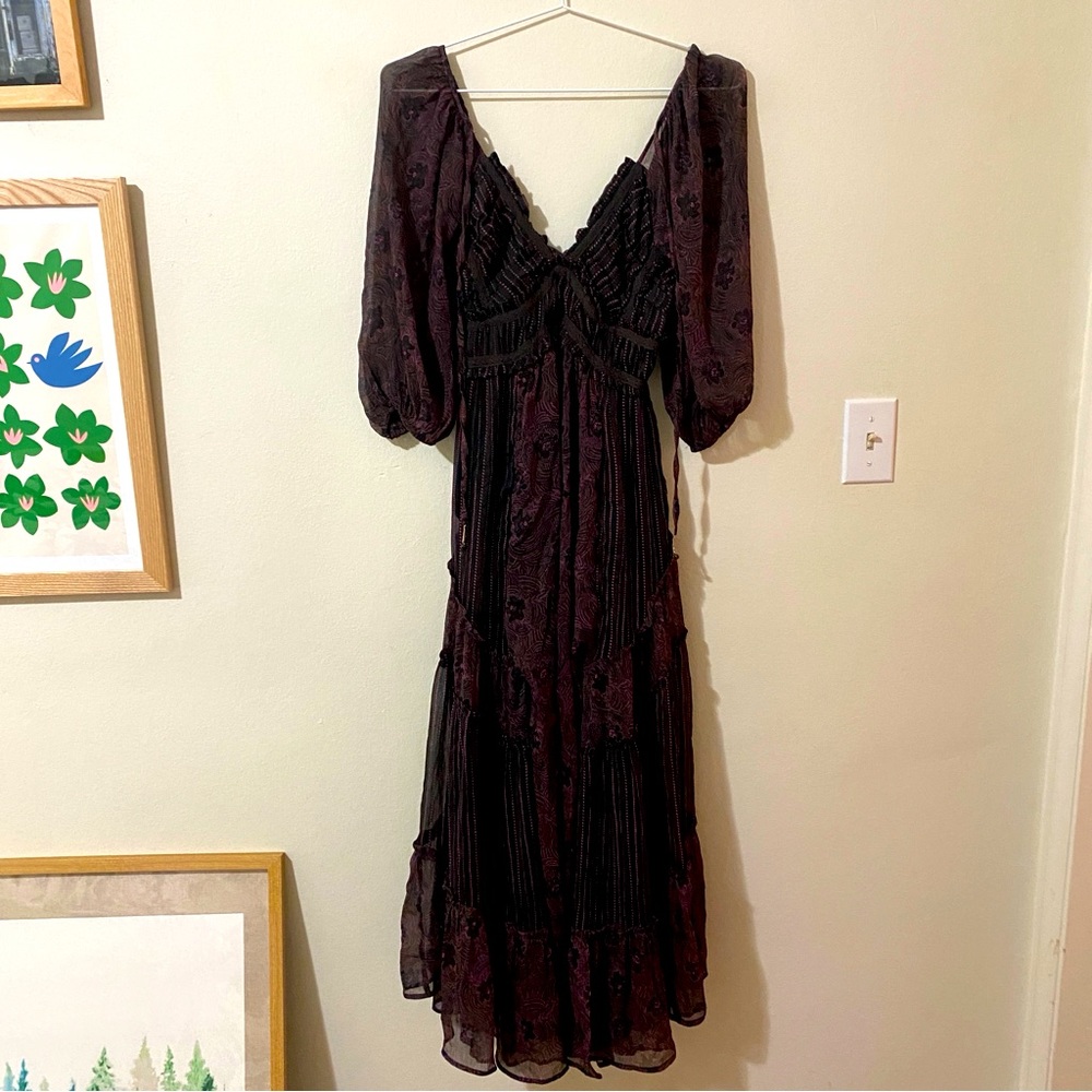 Free People Black Purple Floral Long Hippie Festival Dress Layered Sz XS
